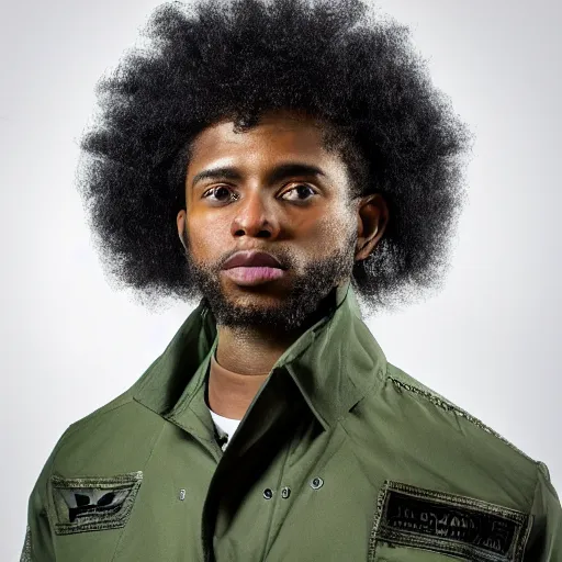 Image similar to photograph of a black man with afro hair and stubble wearing an adidas army green jacket ( ( ( the size of a tower ) ) ), looming over dublin