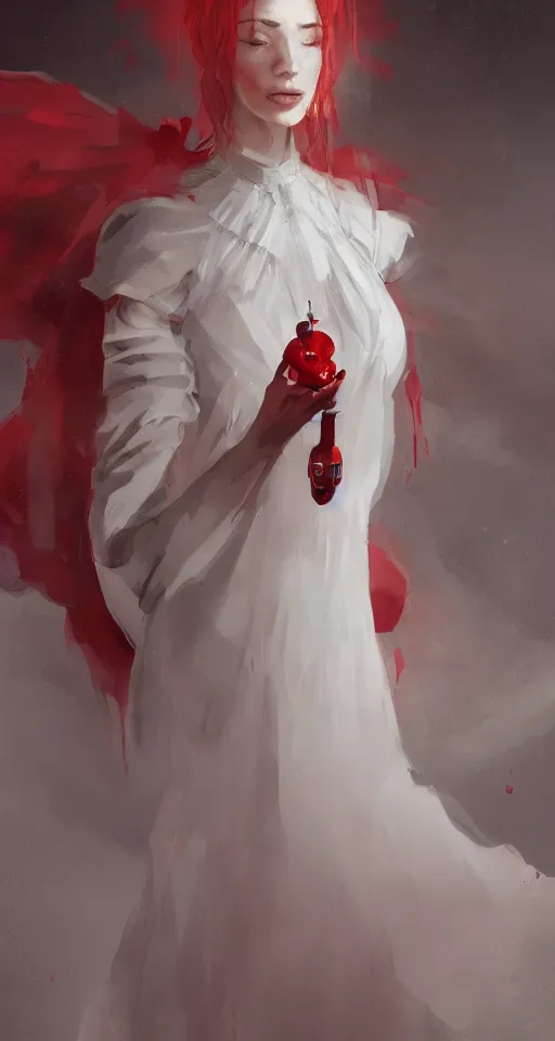 Prompt: A beuatiful portrait of a women in white and red dress by Greg Rutkowski, Sung Choi, Mitchell Mohrhauser, Maciej Kuciara, Johnson Ting, Maxim Verehin, Peter Konig, Bloodborne, 8k photorealistic, cinematic lighting, HD, high details, dramatic, dark atmosphere, trending on artstation