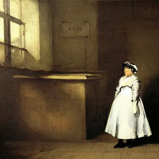 Image similar to queen elizabeth as an old dinner lady in a run down inner city london school, dark and depressing, by goya and hogarth