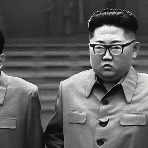 Prompt: low resolution filmstill of a north Korean thriller in the style of Kim Jong-il and Shinya Tsukamoto, Mamiya medium format, cinemascope