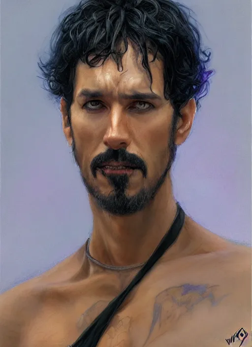 Prompt: portrait, a slender ringleader wearing purple and black, tan skin, black hair, goatee, style by donato giancola, wayne reynolds, jeff easley dramatic light, high detail, cinematic lighting, artstation, dungeons and dragons