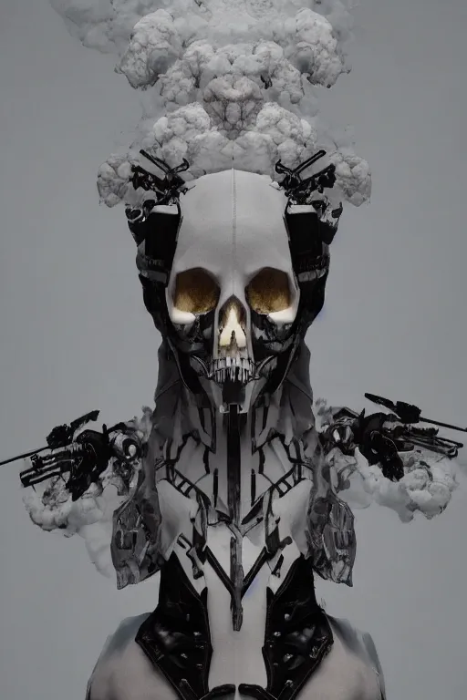 Prompt: Destiny 2 The Witness, the top of their head is becoming skulls made of smoke clouds, beautiful avant garde fashion look and clothes, we can see them from feet to head, highly detailed and intricate, hypermaximalist, techwear, luxury, elite, cinematic, designer fashion, Rick Owens, Yohji Yamamoto, Y3, ACRNYM, outfit photo, eerie fog, super villain lair interior background