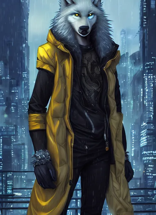 Image similar to award winning beautiful portrait commission of a male furry anthro albino wolf fursona with a tail and a cute beautiful attractive detailed furry face wearing stylish black and yellow cyberpunk biker clothes in a cyberpunk city at night while it rains. Character design by charlie bowater, ross tran, artgerm, and makoto shinkai, detailed, inked, western comic book art