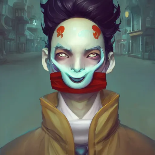 Image similar to a portrait of a cinematic still of the happy mask salesman, art by lois van baarle and loish and ross tran and rossdraws and sam yang and samdoesarts and artgerm and saruei and disney, digital art, highly detailed, intricate, sharp focus, trending on artstation hq, deviantart, unreal engine 5, 4 k uhd image