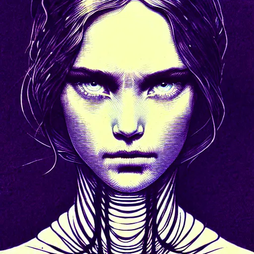 Image similar to portrait soft light, by killian eng and joe fenton and bernie wrightson and conrad roset, inspired by elysium movie, etching, fine, sharp high detail,