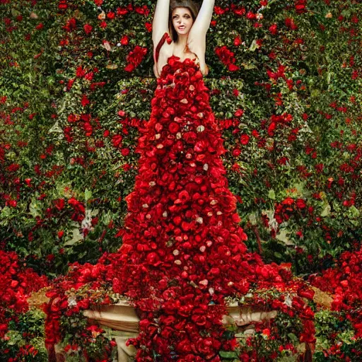 Prompt: full body image of a beautiful woman covered in ivy and red roses, ornate gown standing in a bed of roses, rim light, dynamic lighting, etherial lighting, ultra - detail, concept art, elegant