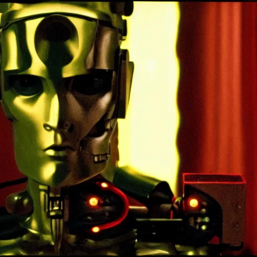 Image similar to movie still of a cyborg, cinematic composition, cinematic light, by david lynch and wes anderson