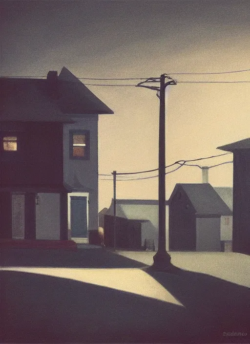 Image similar to small suburban houses in America at night by Edward Hopper, fantasy, moody lighting, dark mood, imagination, nighthawks, cinematic