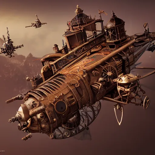 Image similar to flying steampunk fortress, extremely detailed, behrens style, unreal 5 render, fantasy digital art, octane render, beautiful composition, trending on artstation, award - winning photograph