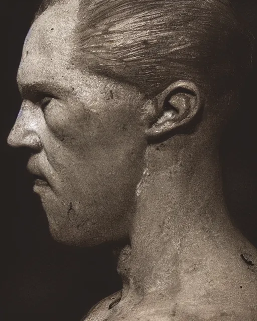 Prompt: a man's face in profile, made of patina, in the style of the dutch masters and gregory crewdson, dark and moody