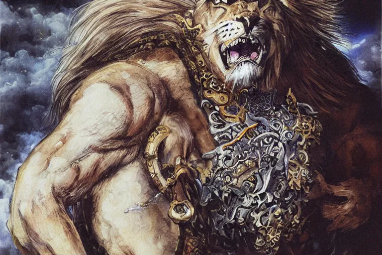 Image similar to 8k Yoshitaka Amano painting of upper body of a young cool looking lion beast-man at a medieval market at windy day. White mane, Depth of field. He is wearing complex fantasy armors. He has huge paws. Renaissance style lighting.