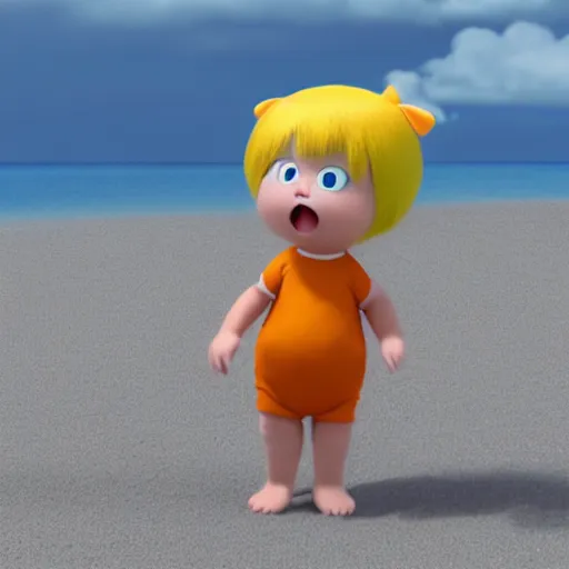 Image similar to final render made with blender of a cute yellow and orange kawaii baby demon with slow eyes and little fangs standing on a beach, by pixar and studio ghibli