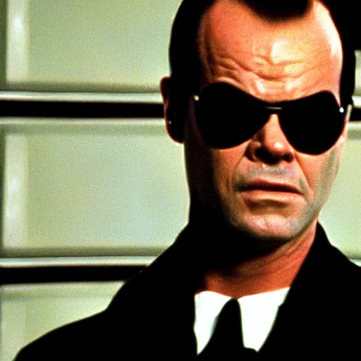 Prompt: Jack Nicholson as Agent Smith on the matrix, 1999, close-up, cinematic composition, cinemascope,