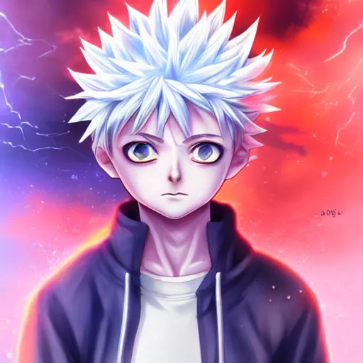 Image similar to killua zoldyck in rossdraws art, with thunderstorms, 8 k, bright colors, detailed face, details, sharp smooth, aykut aydogdu