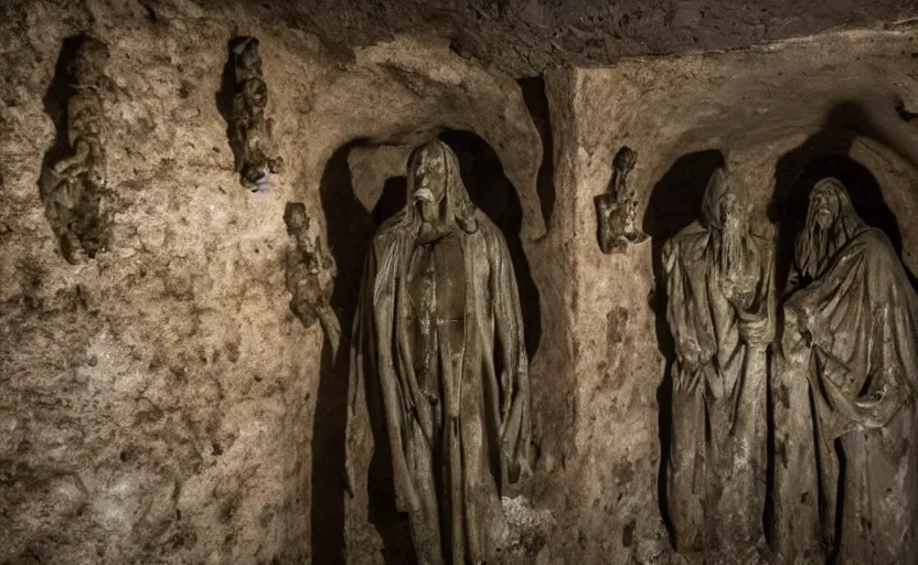 Prompt: several decrepit creepy statues of the archangel gabriel looking at the camera, placed throughout a dark claustrophobic old catacomb cavern, realistic, underexposed photography, depth of field, wide shot, sinister, bad lighting, foreboding, blurry grainy photo