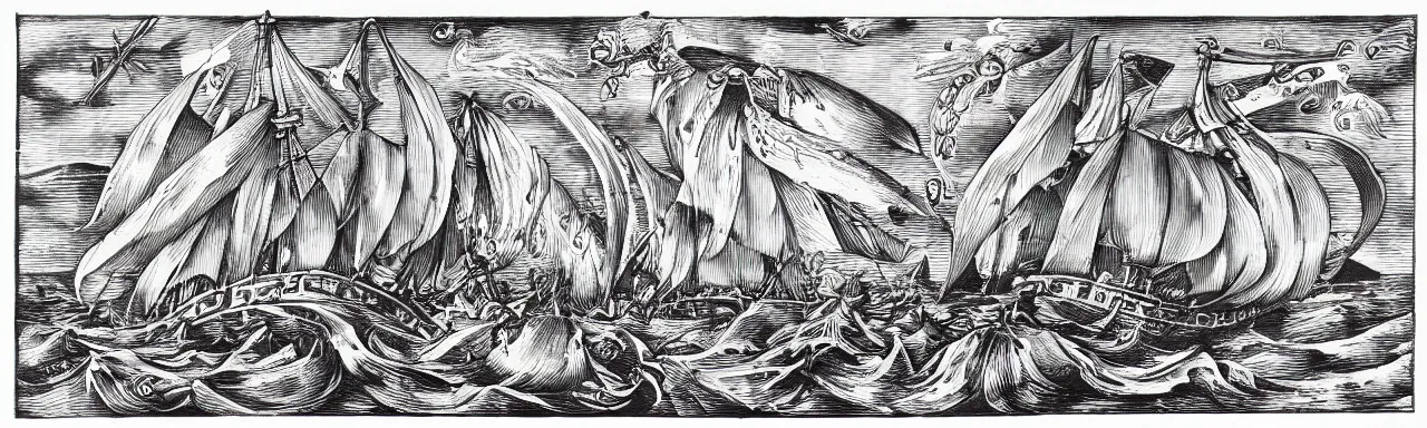 Prompt: Elaborate wallpaper print of Giant Squid with big eyes and knobby tentacles attacking a ship in the Waves in the style of Albrecht Durer and Martin Schongauer, high contrast finely carved woodcut black and white crisp edges