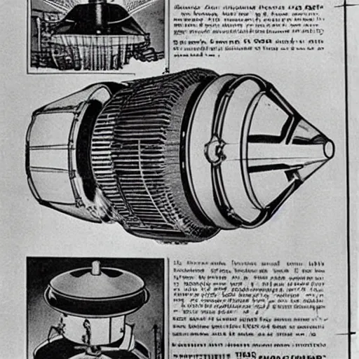 Image similar to archive blueprints of 1 9 4 0's nuclear powered spaceship engine