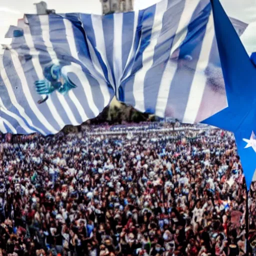 Prompt: Lady Gaga with detailed face as president, Argentina presidential rally, Argentine flags behind, bokeh, giving a speech, Argentina