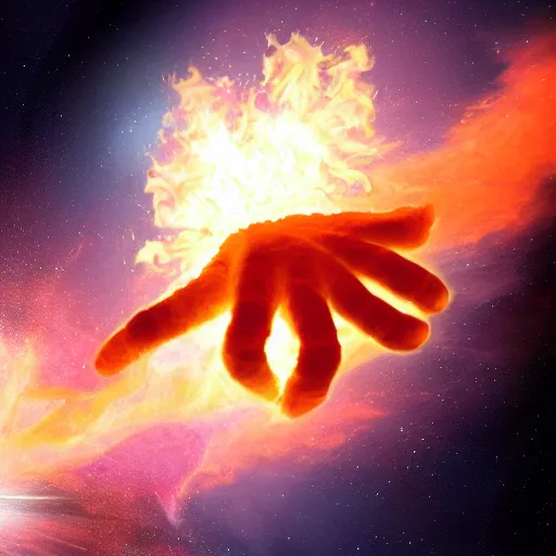 Prompt: An orange flaming fist flying through space