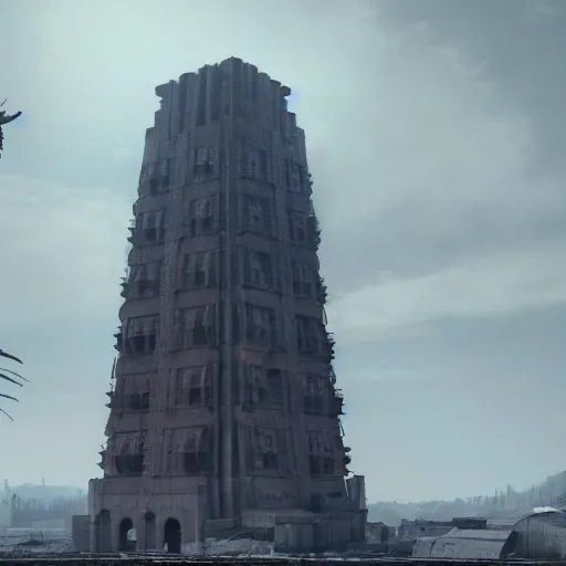 Image similar to a gigantic brutalist ancient tower, a detailed structure with at the top 3 spires in form of a trident, 6 0 0 hundred meters tall set against sunlit, all surrounded by smoke, mountains and a huge old city, 8 k, art station, ultra realistic, cinematic composition, style of weta, in the style of ilm