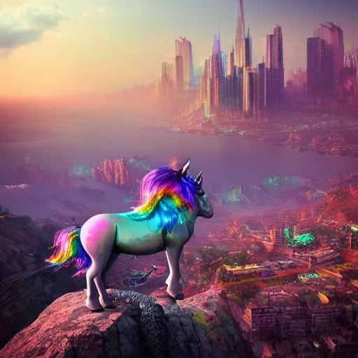 Prompt: a iridescent unicorn on a cliff overlooking a dystopian city covered in colorful toxic smog, ultra realistic, concept art, intricate details, highly detailed, photorealistic, octane render, 8 k, fantasy art, masterpiece