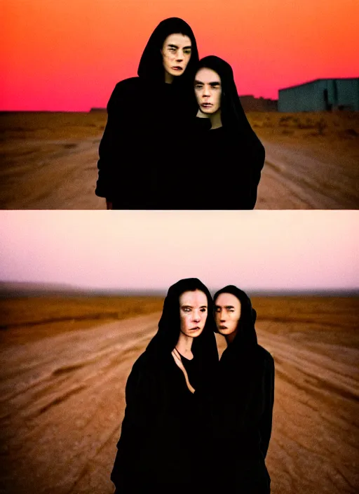 Prompt: cinestill 5 0 d photographic portrait of two loving clones, women wearing rugged black techwear on a desolate plain with a red sky, closeup, diverse species, cyberpunk, in front of a brutalist dark metal facility, dust storm, 3 5 mm, 8 k, depth of field, high resolution, ultra realistic faces, beautiful faces