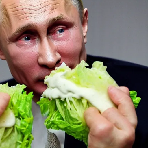 Prompt: Vladimir Putin, slathered in mayonnaise On a bed of lettuce and tomato between a bread bun