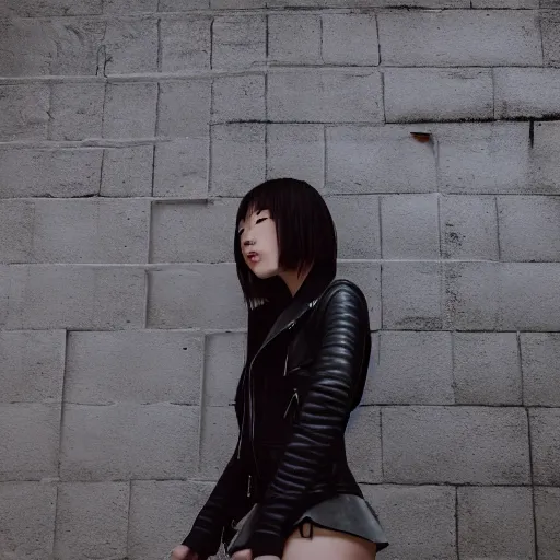 Prompt: a perfect 8K HD professional photo of close-up, upwards angle of a japanese girl posing, wearing leather jacket, miniskirt, pantyhose and high heels in sci-fi dystopian alleyway, at instagram, Adobe Lightroom, taken with kodak portra