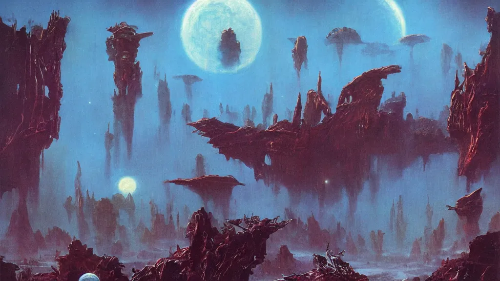 Prompt: surreal eerie alien planet empire by frank frazetta and bruce pennington, cinematic matte painting