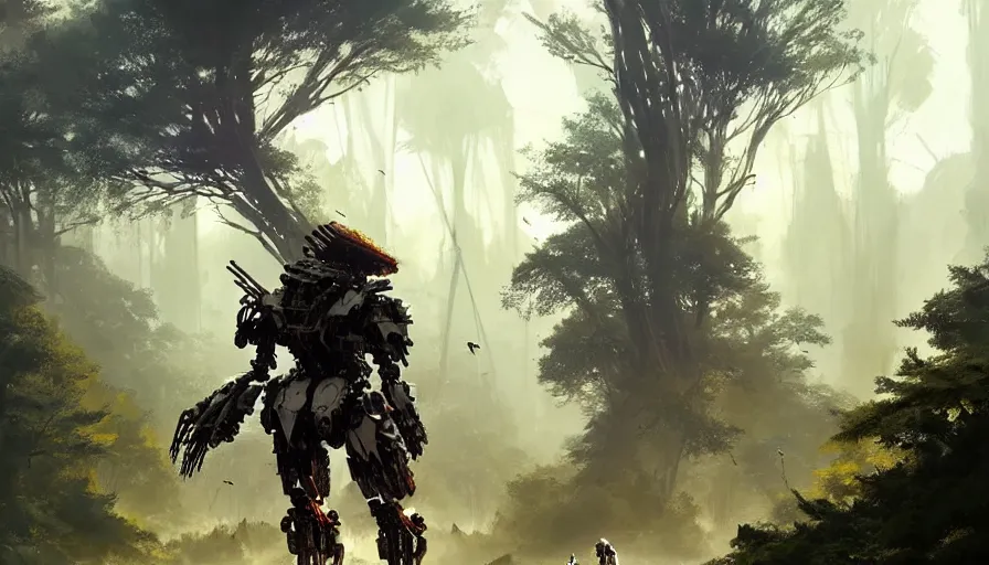 Image similar to walking mech covered in chrome armor, large shapes, horizon zero dawn aesthetic, covered in moss and birds, many large glowing lights, beautiful forests and trees, utopian landscape, bright sunlight, cinematic, concept art, art by WLOP and artgerm and greg rutkowski, trending on artstation, masterpiece.