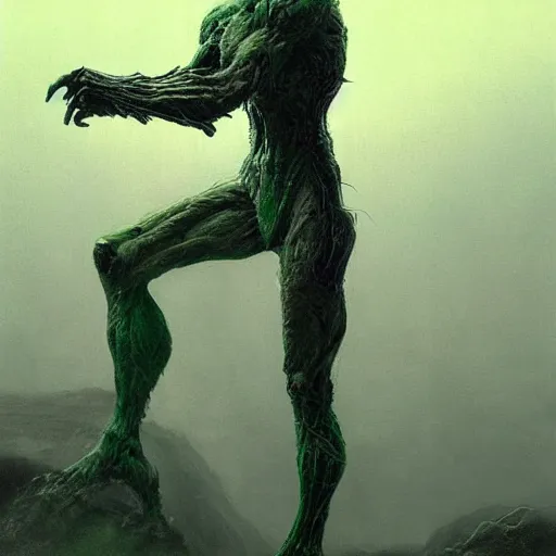 Image similar to a green goblin wearing a thong standing concept, lord of the ring concept, the hobbit concept, trending on artstation, beksinski