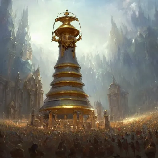 Image similar to a holy bell ringing, a giant golden holy bell, hearthstone art style, epic fantasy style art by Craig Mullins, fantasy epic digital art, epic fantasy card game art by Greg Rutkowski