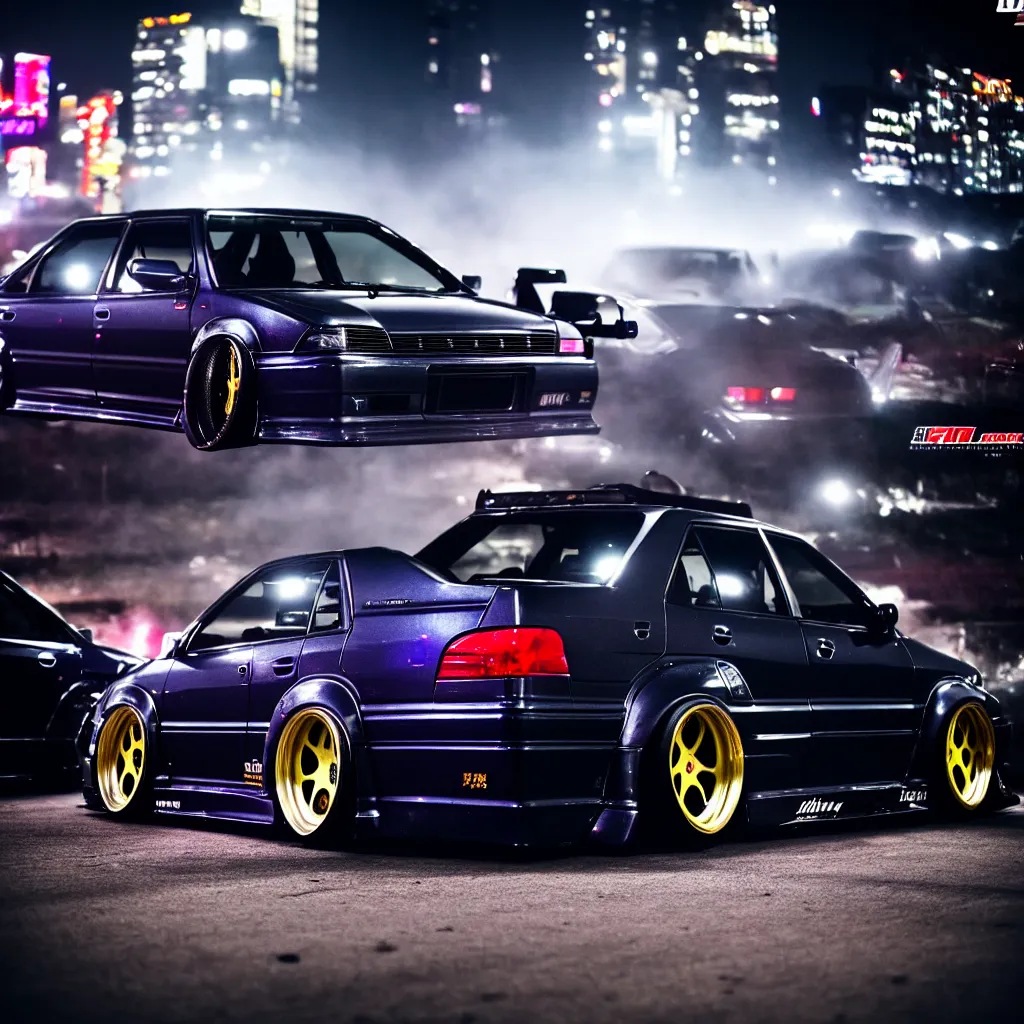 Image similar to a car JZX100 twin turbo drift at illegal car meet, Shibuya prefecture, city midnight mist lights, cinematic lighting, photorealistic, detailed alloy wheels, highly detailed