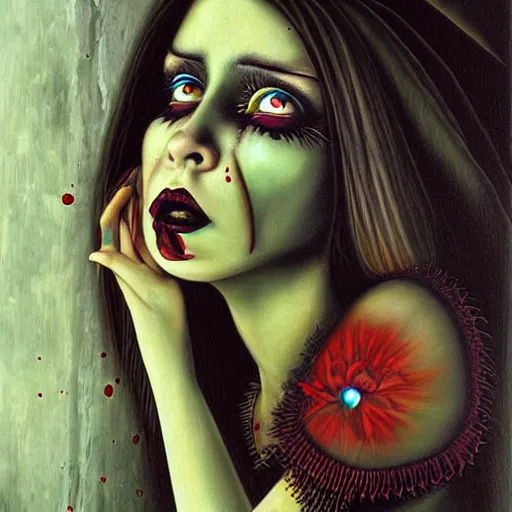 Prompt: a hyperrealistic painting of a beautiful gothic princess crying tears of blood, by Chris Mars, vivid color, highly detailed,