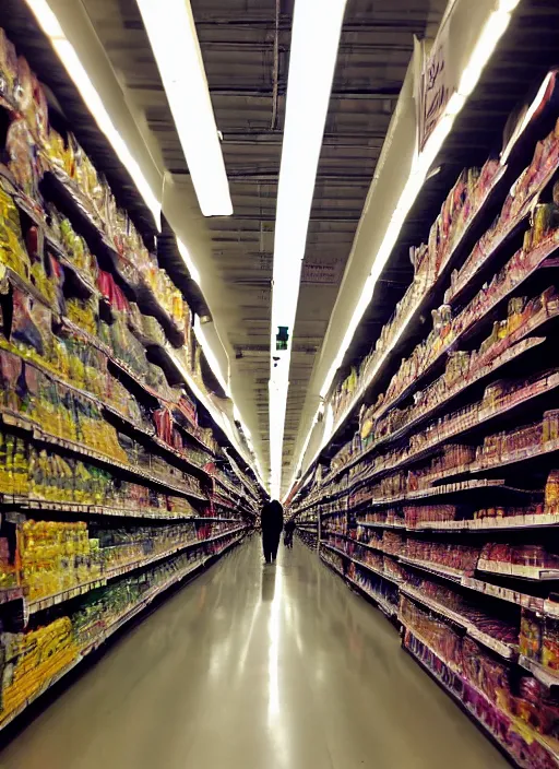 Prompt: being hunted by a monster in a labyrinth of grocery store aisles. liminal. dramatic lighting