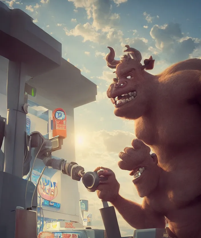 Prompt: a troll, drinking gas from a gas station pump. fuel everywhere. a troll, ogre, gargoyle drinking from a fuel pump. high quality sharp focus, beautiful volumetric light. photograph by tooth wu, wlop, beeple, dan mumfor, octane render, artstation