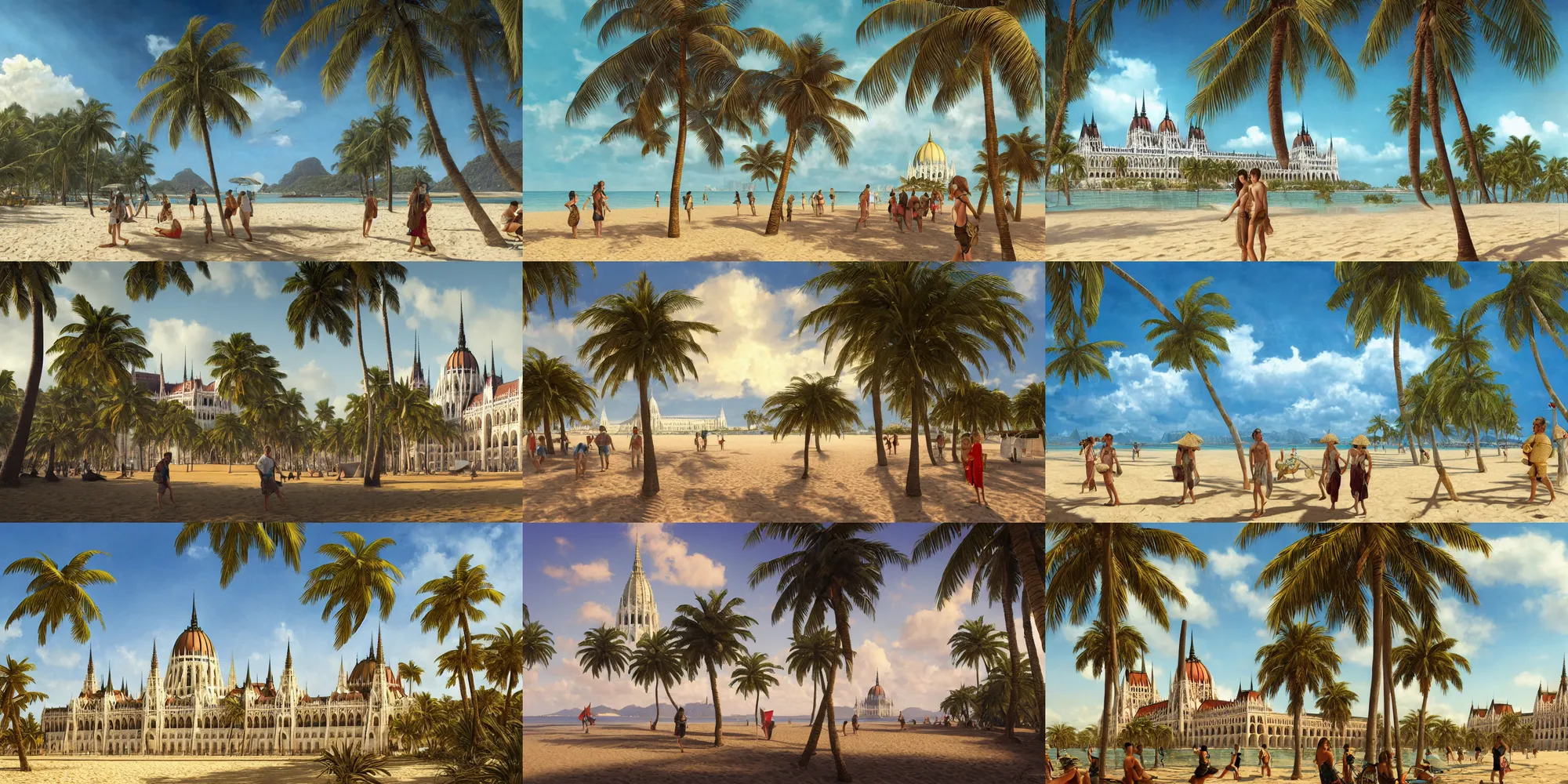 Prompt: hungarian parliament with palm trees on a sandy shore of a tropical island, without people, intricate, hyperdetailed, photorealistic, diffuse lighting, hdrp, artstation, unreal 5, smooth, sharp focus, art by john collier, albert aublet, krenz cushart, artem demura, alphonse mucha