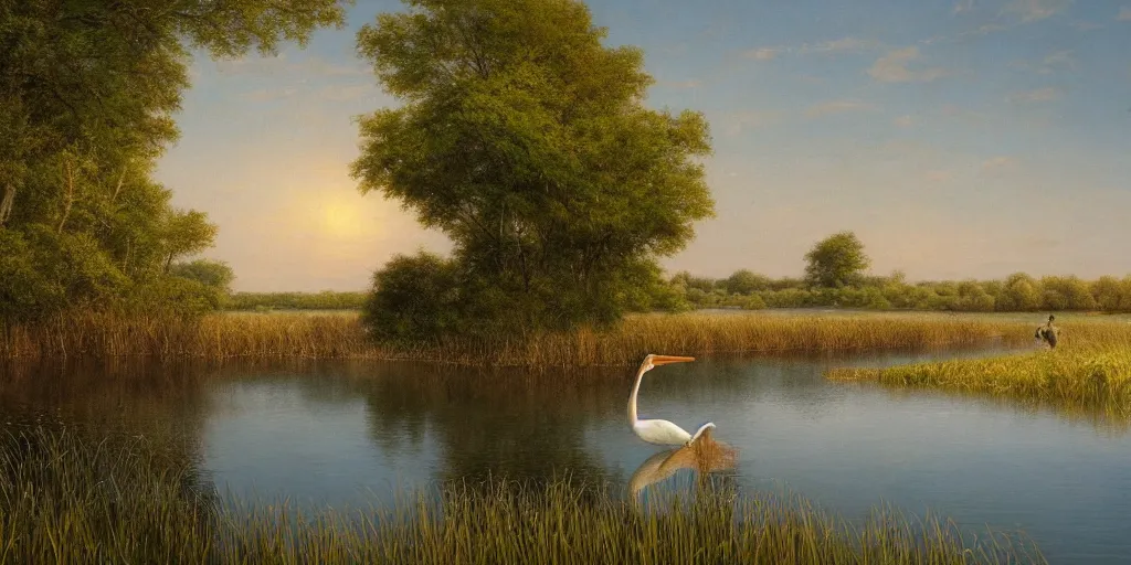 Image similar to a beautiful lake landscape in summer, reed on riverbank, stork in water, no mountains, clear sky, colorful, by Ernest deutsch + Ted Nasmith, cinematic lighting, masterpiece, highly detailed, 8k resolution, trending on art station