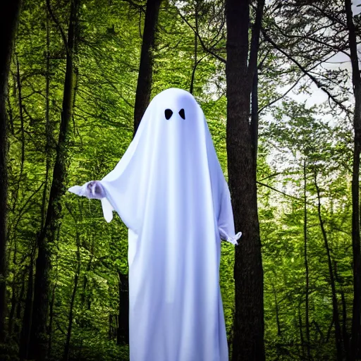 Prompt: a ghost in a sheet in spooky woods