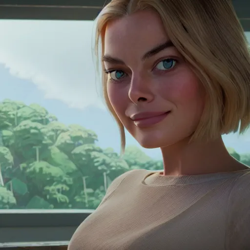 Prompt: a wholesome animation key shot of margot robbie, close up, studio ghibli, pixar and disney animation, sharp, rendered in unreal engine 5, clear sky, anime key art by greg rutkowski, bloom, dramatic lighting