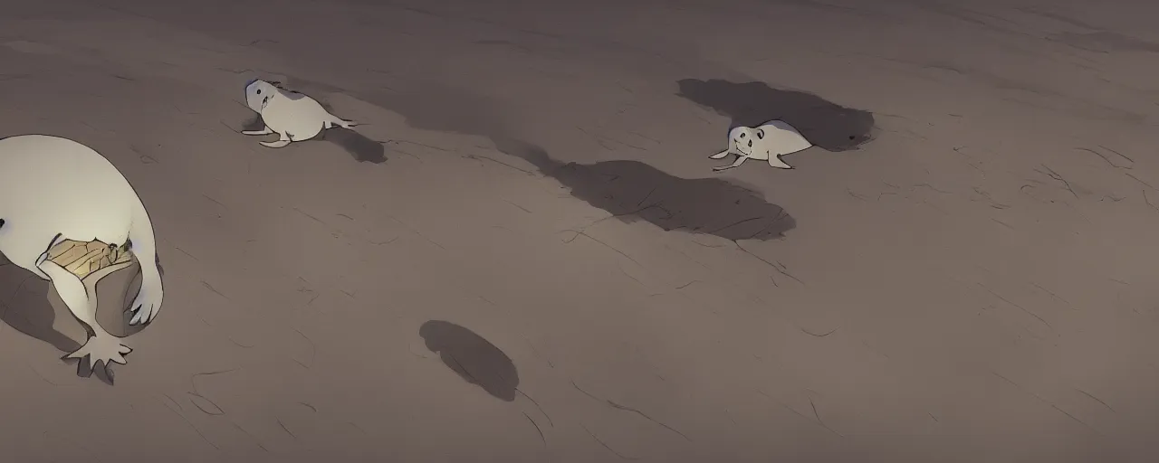 Image similar to a baby harp seal skeleton decomposing on the bottom of the arctic ocean, atey ghailan, goro fujita, studio ghibli, rim light, dark lighting, clear focus, very coherent,