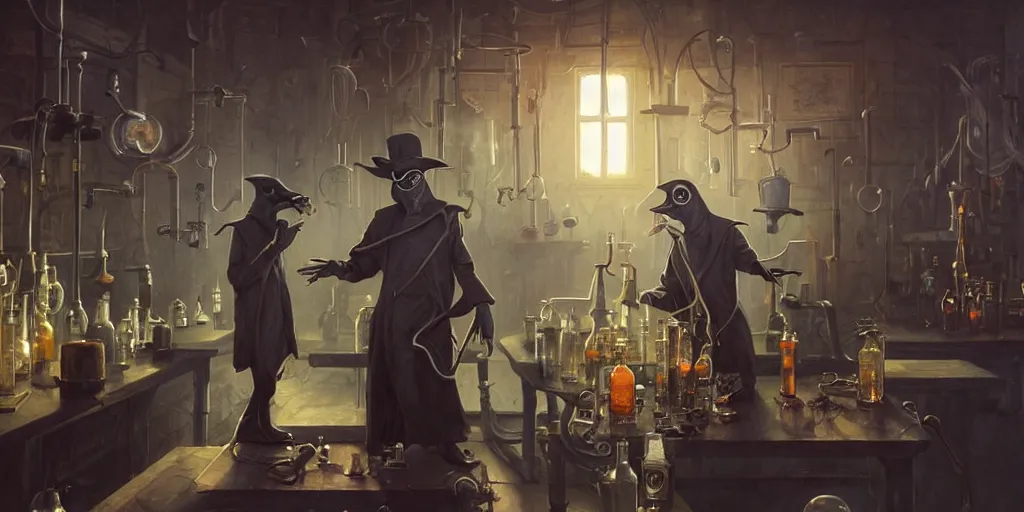 Image similar to a plague doctor and a humanoid rat in a laboratory with lots of flasks filled with magic liquids, stephen bliss, unreal engine, fantasy art by greg rutkowski, loish, rhads, ferdinand knab, ilya kuvshinov, rossdraws, tom bagshaw, global illumination, radiant soft light, detailed and intricate environment