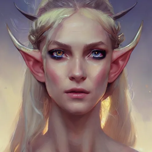 Prompt: A head-on detailed oil fantasy portrait of a pretty elf woman with small horns on her forehead, long blonde hair and bright copper irises, by greg rutkowski, trending on artstation, dungeon and dragons art