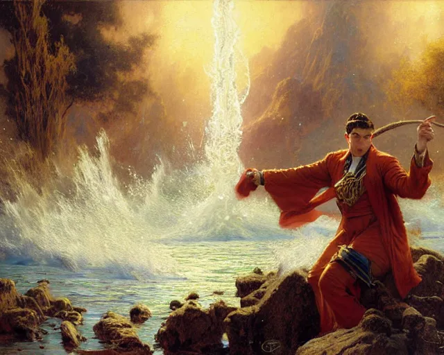 Image similar to attractive male wizard casting powerful tsunami wave spell in a beautiful lake. highly detailed painting by gaston bussiere, craig mullins, j. c. leyendecker 8 k