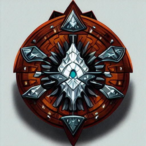 Image similar to concept art of small totemic wooden shield weapon, symmetry, shield design, fantasy shield, fantasy, behance, pinterest, deviantart, artstation, weapons concept art, design, rpg, weapon, detailed, digital art, incredible, digital painting