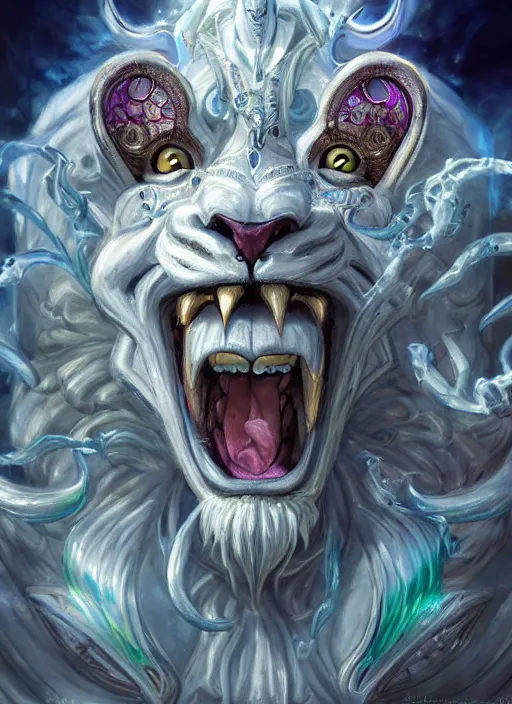 Image similar to anthropomorphized white lion wizard casting magic bright light spell, tzeentch, smiling, casting spell, concept art, insanely detailed and intricate, hypermaximalist, elegant, ornate, hyper realistic, super detailed, art deco, cinematic, trending on artstation, magic the gathering artwork