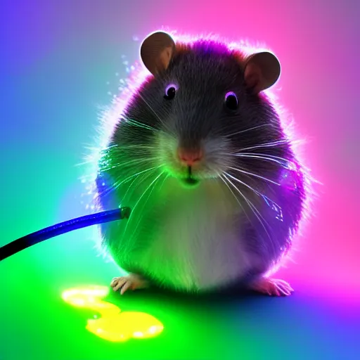 Prompt: cyberpunk hamster holding rainbow gem! crystal, neon lights, light reflection, 8 k, hd