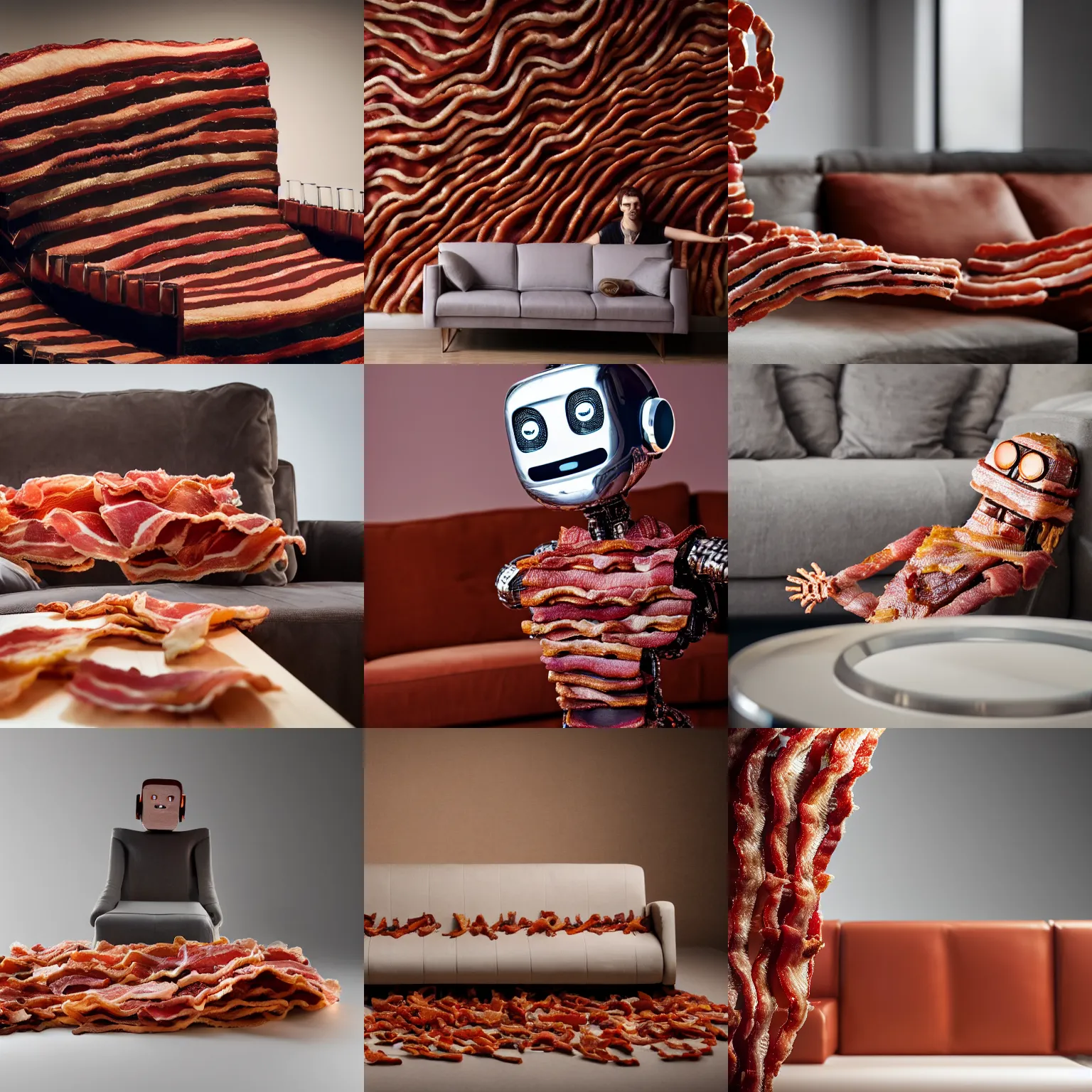 Prompt: a studio photo of a modern sofa made of bacon. a chrome humanoid robot is sitting in the sofa, high detail, uhd 8 k, reflections, depth of field, bokeh