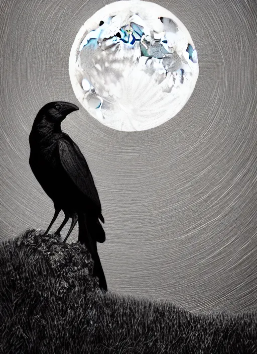 Image similar to portrait, A crow in front of the full big moon, book cover, red white and black colors, establishing shot, extremly high detail, foto realistic, cinematic lighting, pen and ink, intricate line drawings, by Yoshitaka Amano, Ruan Jia, Kentaro Miura, Artgerm, post processed, concept art, artstation, matte painting, style by eddie mendoza, raphael lacoste, alex ross