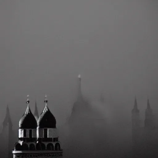 Prompt: Kremlin tower flying as rocket, foggy weather, film still, heavy grain